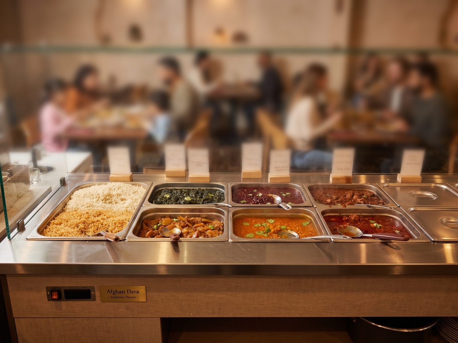 Reich gedecktes afghanisches Mittagsbuffet mit Reisgerichten, Fleisch und Gemüse – Afghan Dera Basel